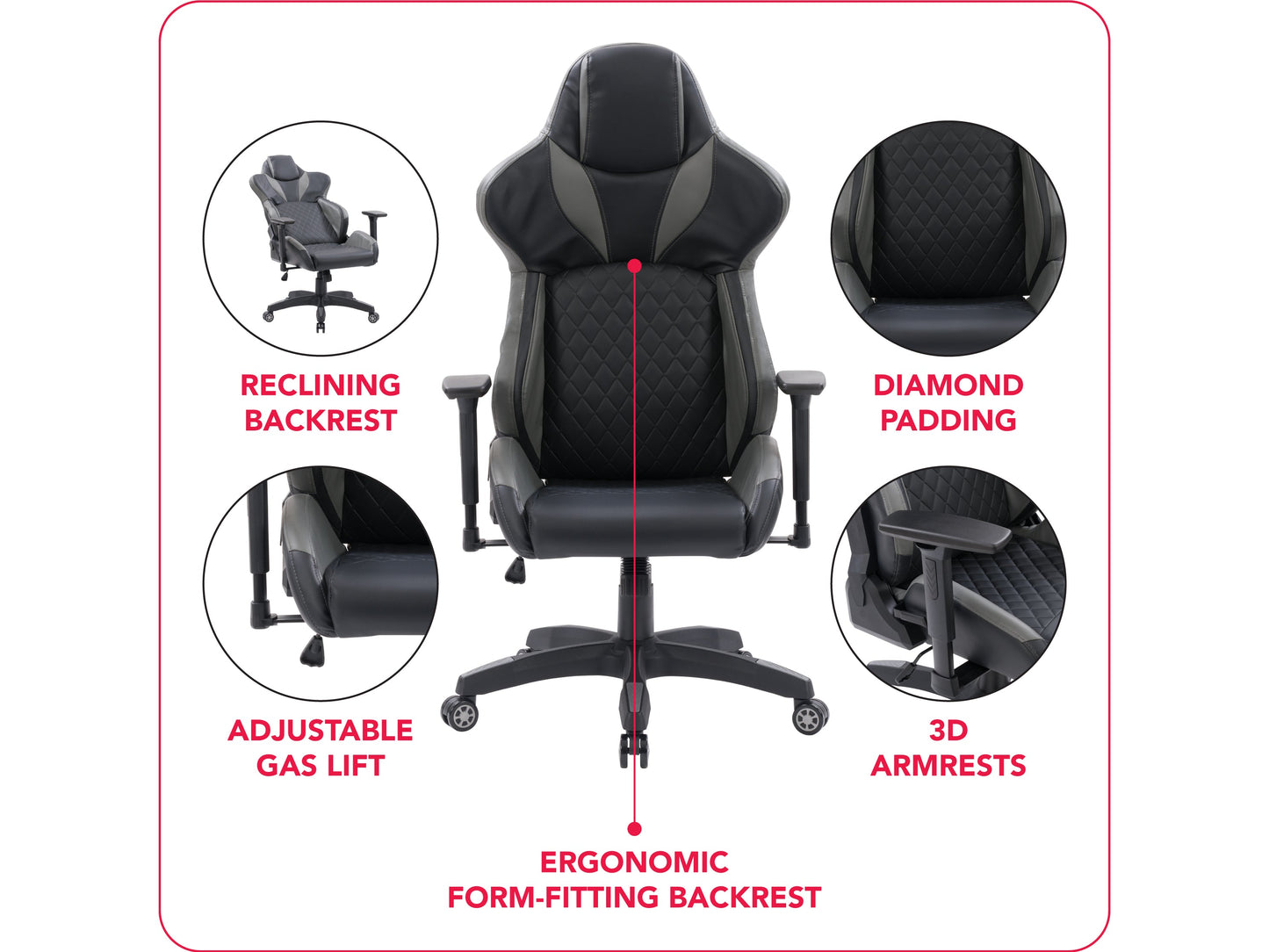 Black and grey gaming reclining chair with ergonomic design, padded armrests, adjustable headrest, and lumbar support. Made from high-quality faux leather and mesh fabric for breathability and comfort.