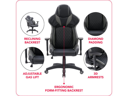 Black and grey gaming reclining chair with ergonomic design, padded armrests, adjustable headrest, and lumbar support. Made from high-quality faux leather and mesh fabric for breathability and comfort.