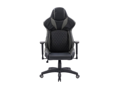 Black and grey gaming reclining chair with ergonomic design, padded armrests, adjustable headrest, and lumbar support. Made from high-quality faux leather and mesh fabric for breathability and comfort.