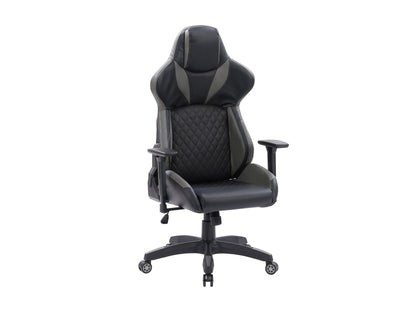 Black and grey gaming reclining chair with ergonomic design, padded armrests, adjustable headrest, and lumbar support. Made from high-quality faux leather and mesh fabric for breathability and comfort.