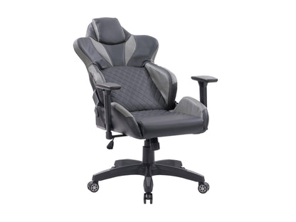 Black and grey gaming reclining chair with ergonomic design, padded armrests, adjustable headrest, and lumbar support. Made from high-quality faux leather and mesh fabric for breathability and comfort.