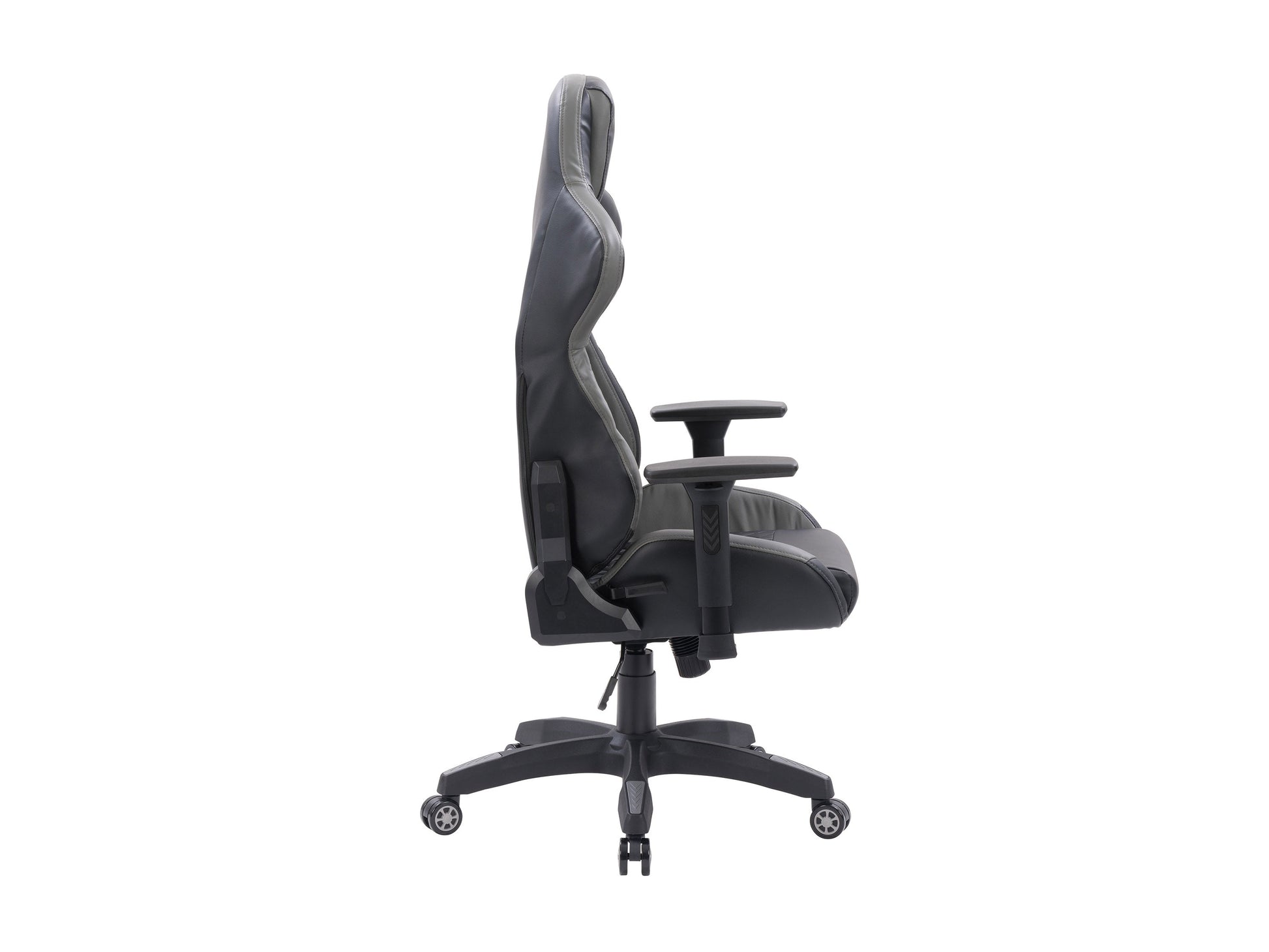 Black and grey gaming reclining chair with ergonomic design, padded armrests, adjustable headrest, and lumbar support. Made from high-quality faux leather and mesh fabric for breathability and comfort.