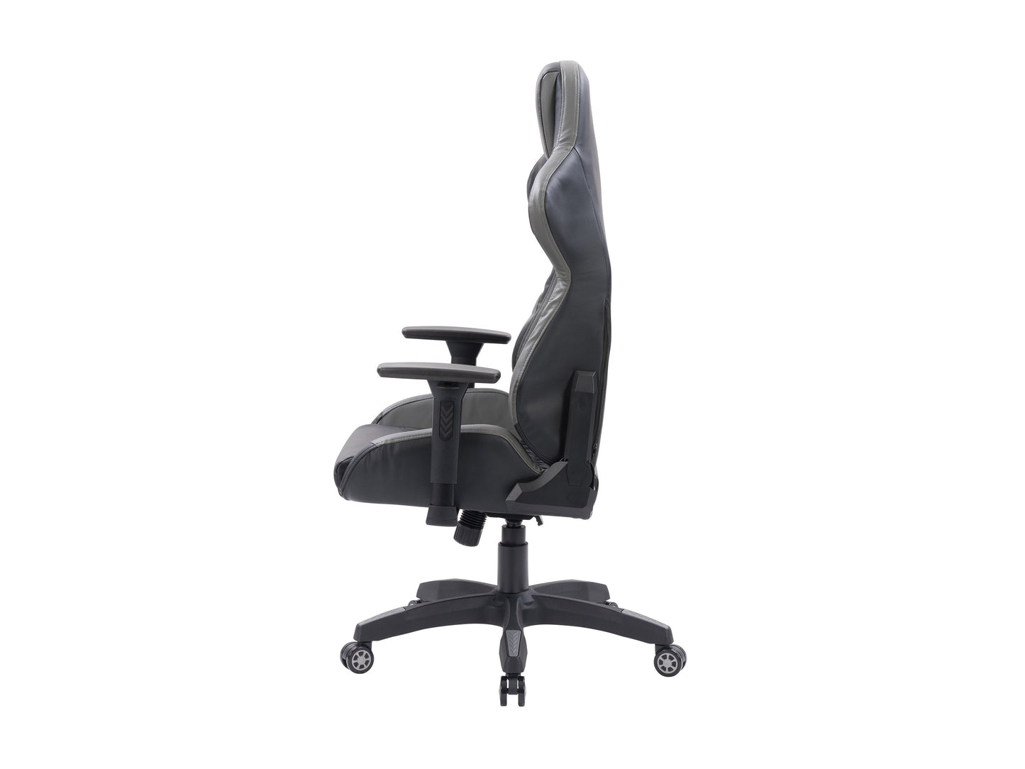 Black and grey gaming reclining chair with ergonomic design, padded armrests, adjustable headrest, and lumbar support. Made from high-quality faux leather and mesh fabric for breathability and comfort.