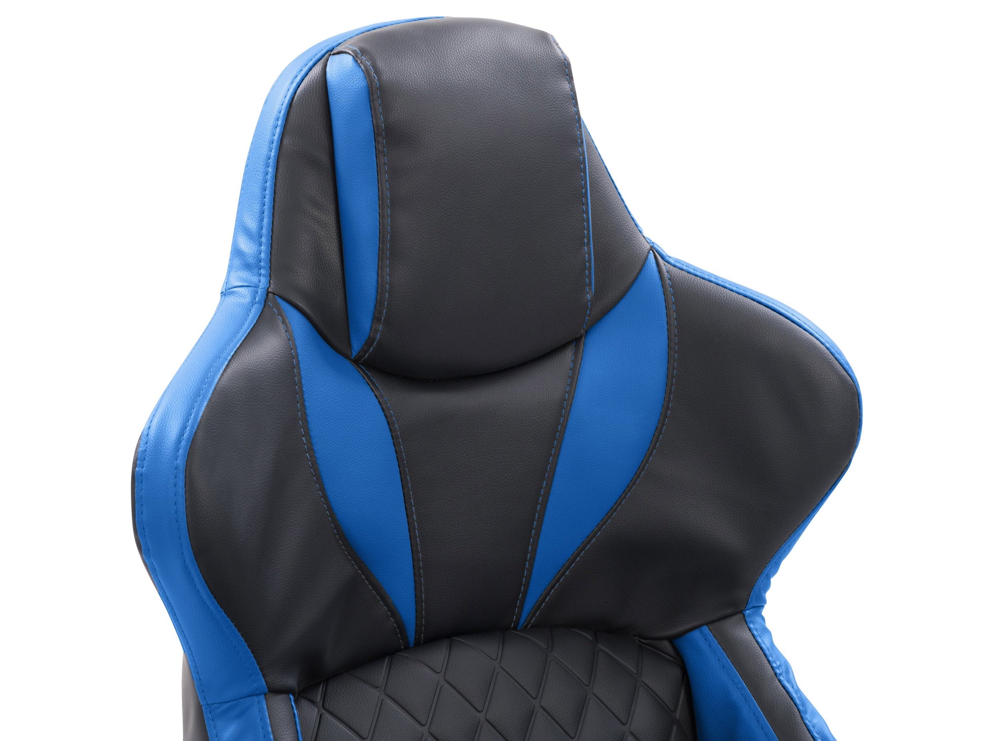 Black and blue gaming reclining chair with ergonomic design, padded armrests, high backrest, and adjustable footrest. Made of durable leather and mesh fabric for breathability and comfort. Ideal for gamers.