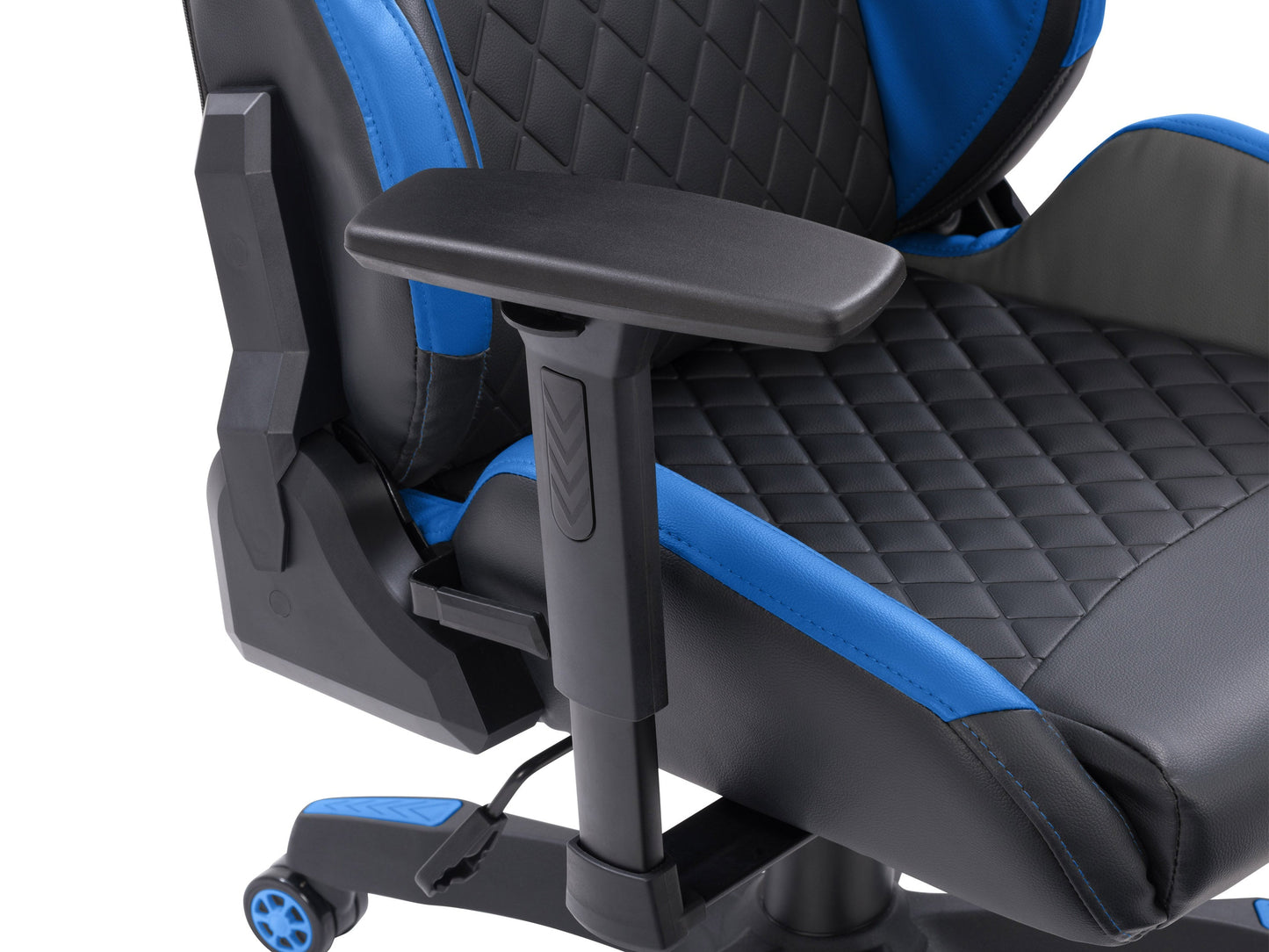 Black and blue gaming reclining chair with ergonomic design, padded armrests, high backrest, and adjustable footrest. Made of durable leather and mesh fabric for breathability and comfort. Ideal for gamers.