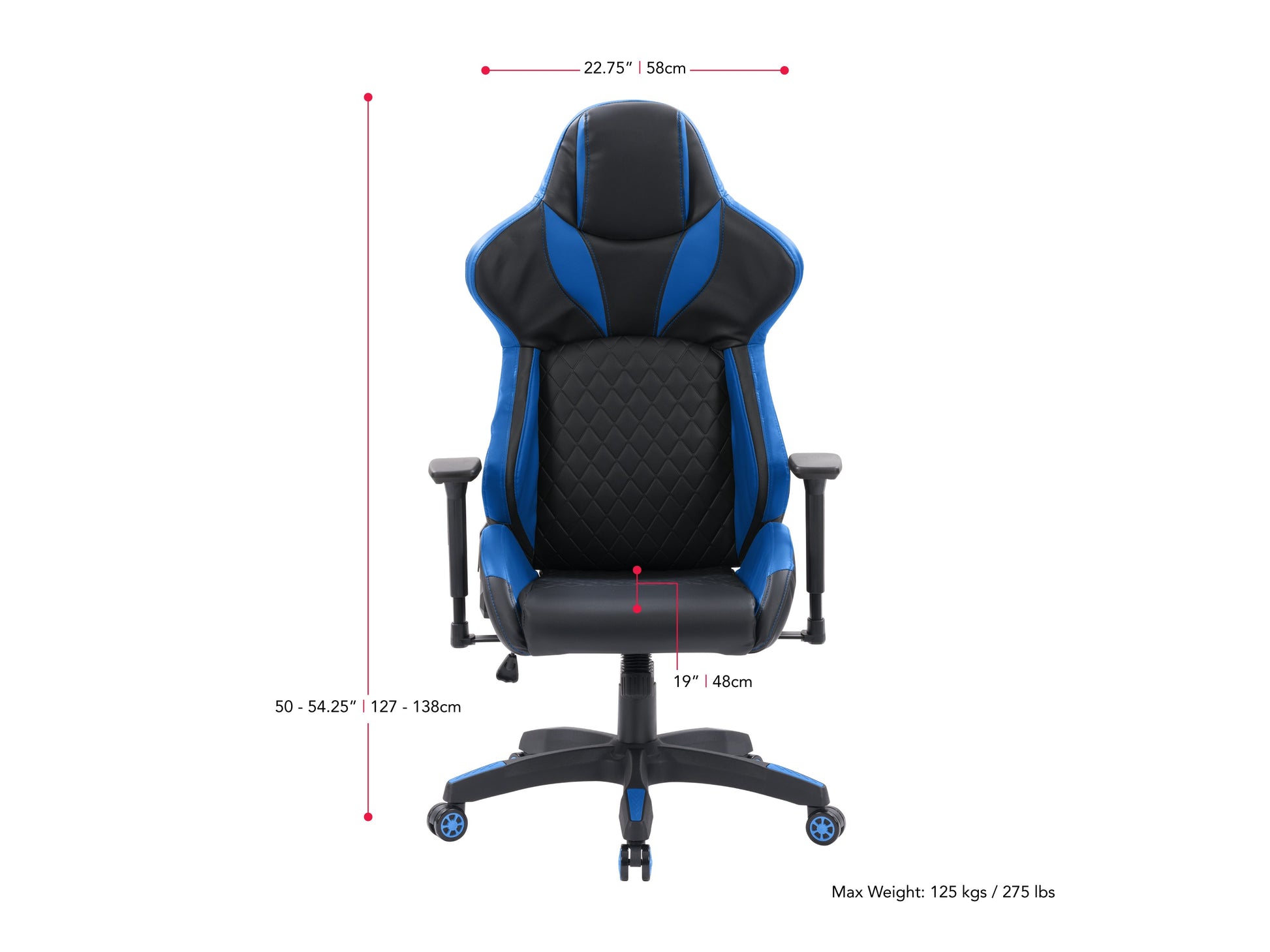 Black and blue gaming reclining chair with ergonomic design, padded armrests, high backrest, and adjustable footrest. Made of durable leather and mesh fabric for breathability and comfort. Ideal for gamers.