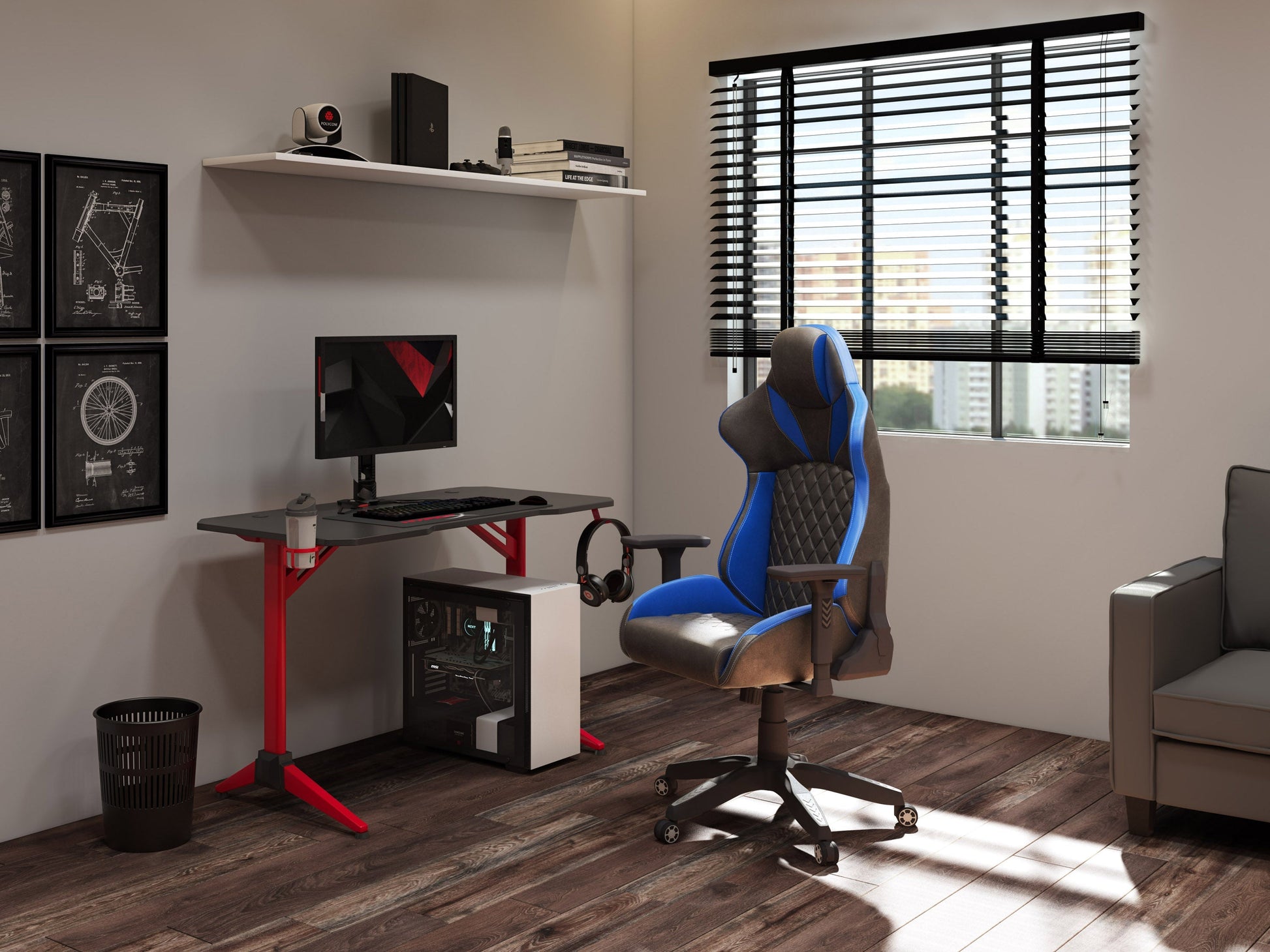 Black and blue gaming reclining chair with ergonomic design, padded armrests, high backrest, and adjustable footrest. Made of durable leather and mesh fabric for breathability and comfort. Ideal for gamers.