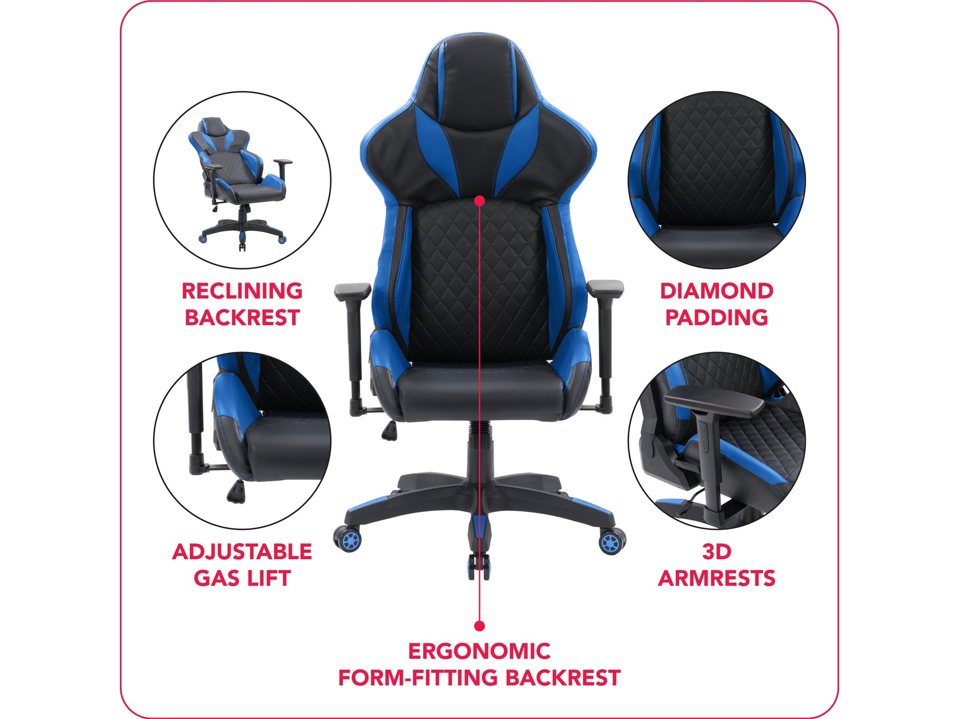 Black and blue gaming reclining chair with ergonomic design, padded armrests, high backrest, and adjustable footrest. Made of durable leather and mesh fabric for breathability and comfort. Ideal for gamers.