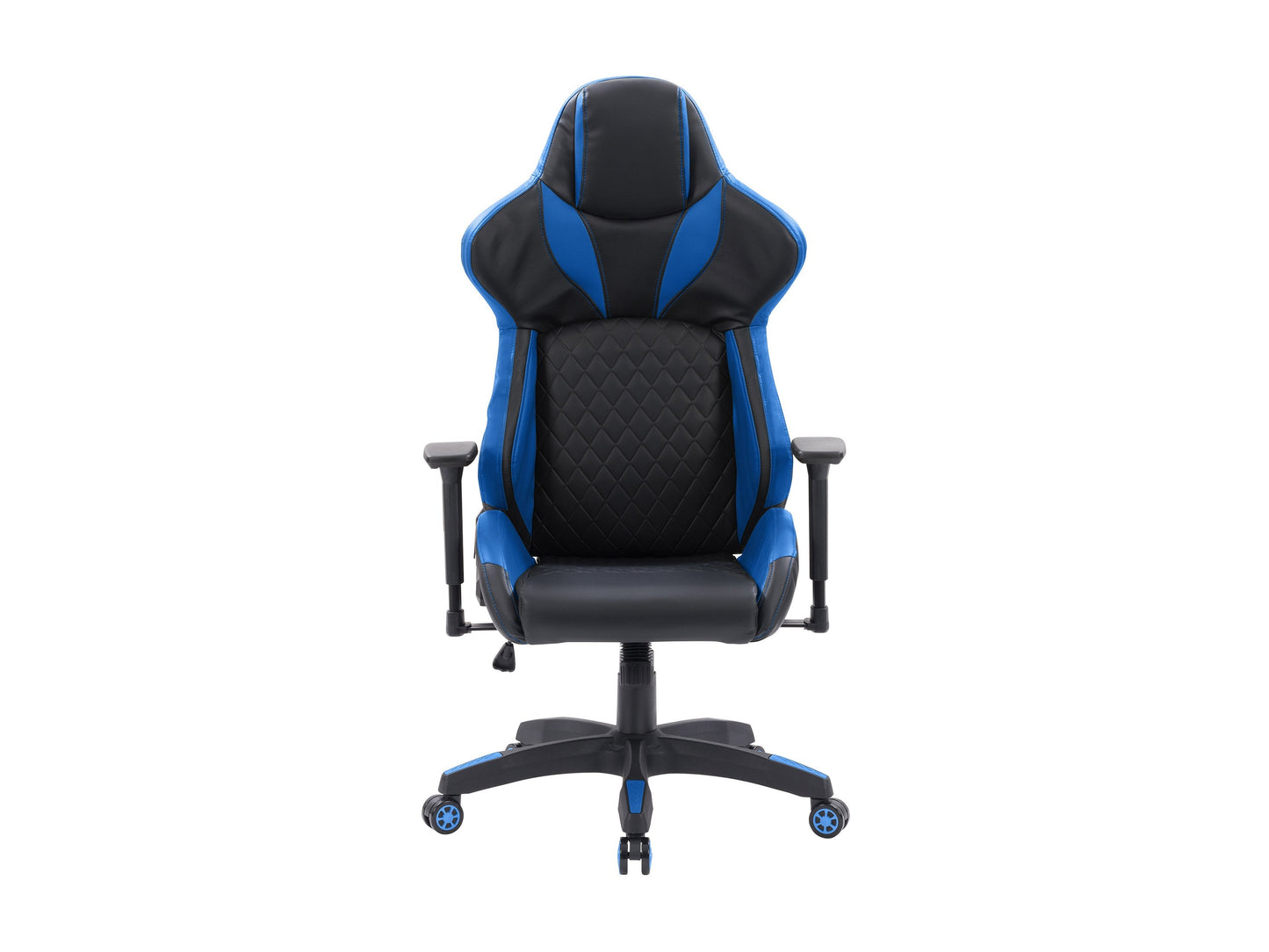 Black and blue gaming reclining chair with ergonomic design, padded armrests, high backrest, and adjustable footrest. Made of durable leather and mesh fabric for breathability and comfort. Ideal for gamers.