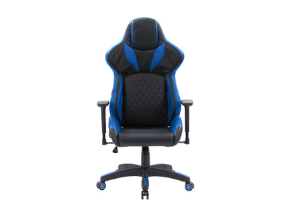 Black and blue gaming reclining chair with ergonomic design, padded armrests, high backrest, and adjustable footrest. Made of durable leather and mesh fabric for breathability and comfort. Ideal for gamers.