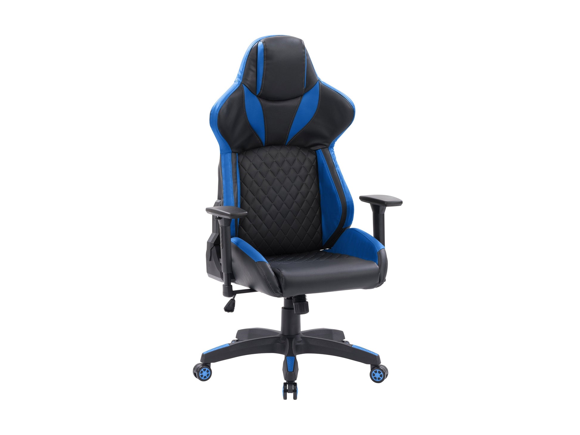 Black and blue gaming reclining chair with ergonomic design, padded armrests, high backrest, and adjustable footrest. Made of durable leather and mesh fabric for breathability and comfort. Ideal for gamers.