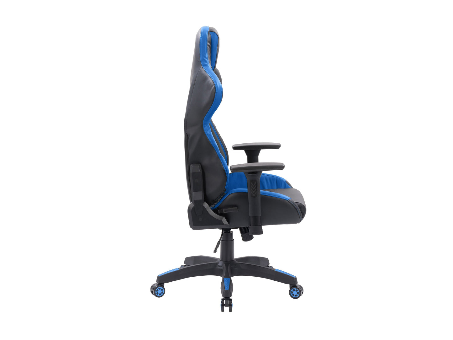 Black and blue gaming reclining chair with ergonomic design, padded armrests, high backrest, and adjustable footrest. Made of durable leather and mesh fabric for breathability and comfort. Ideal for gamers.