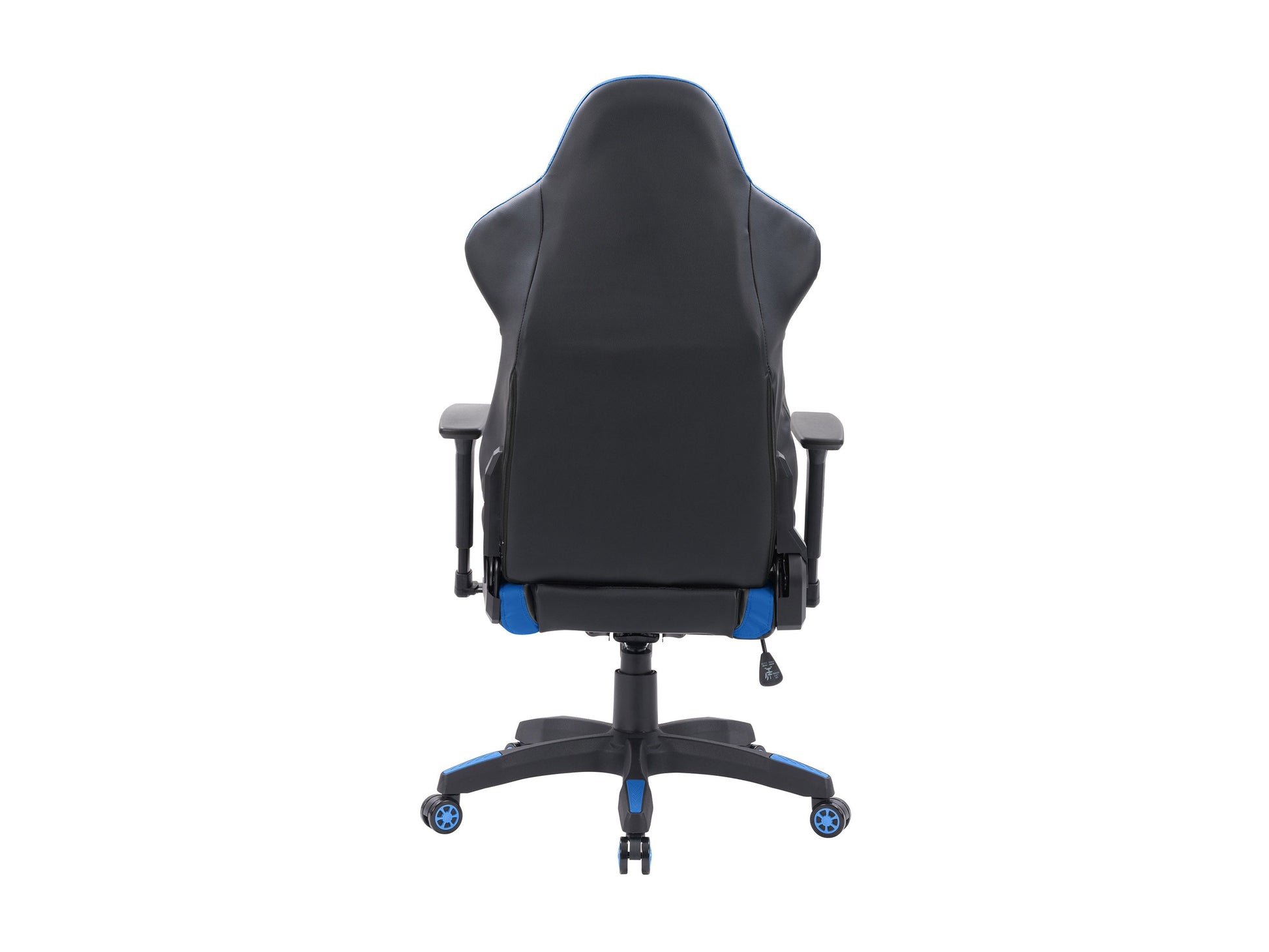 Black and blue gaming reclining chair with ergonomic design, padded armrests, high backrest, and adjustable footrest. Made of durable leather and mesh fabric for breathability and comfort. Ideal for gamers.