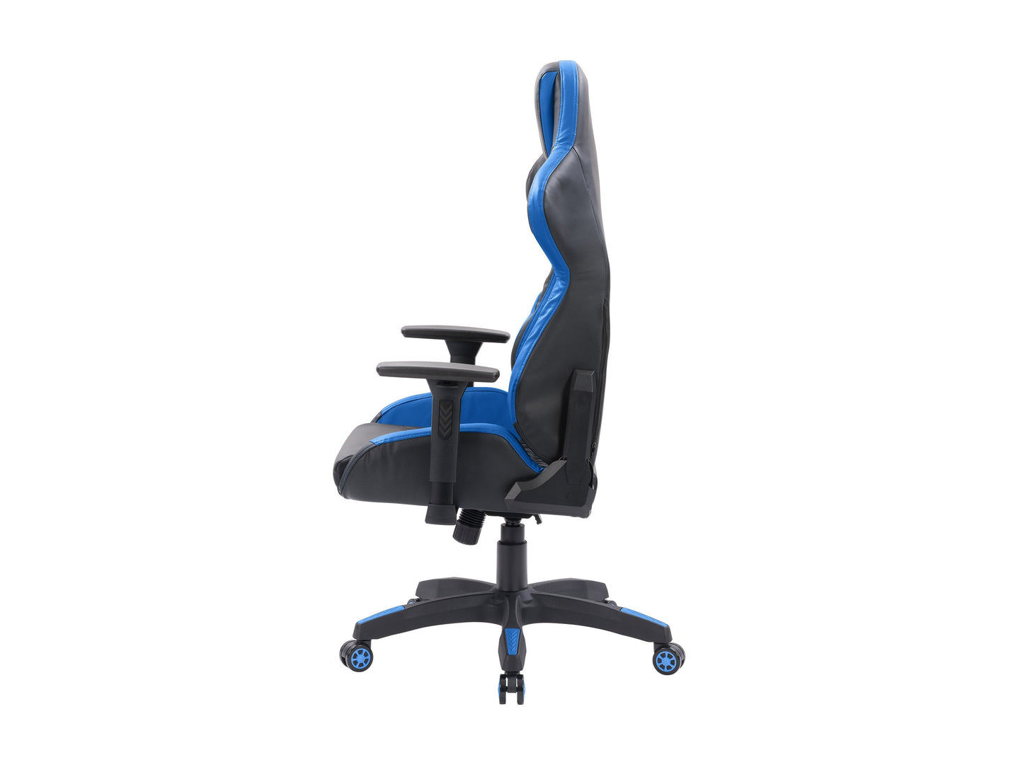 Black and blue gaming reclining chair with ergonomic design, padded armrests, high backrest, and adjustable footrest. Made of durable leather and mesh fabric for breathability and comfort. Ideal for gamers.