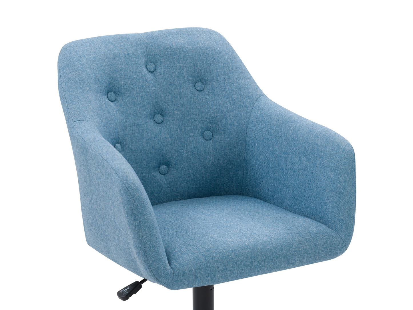 Light blue office task chair with adjustable arms, ergonomic design, breathable mesh backrest, and cushioned seat on a five-wheel base.