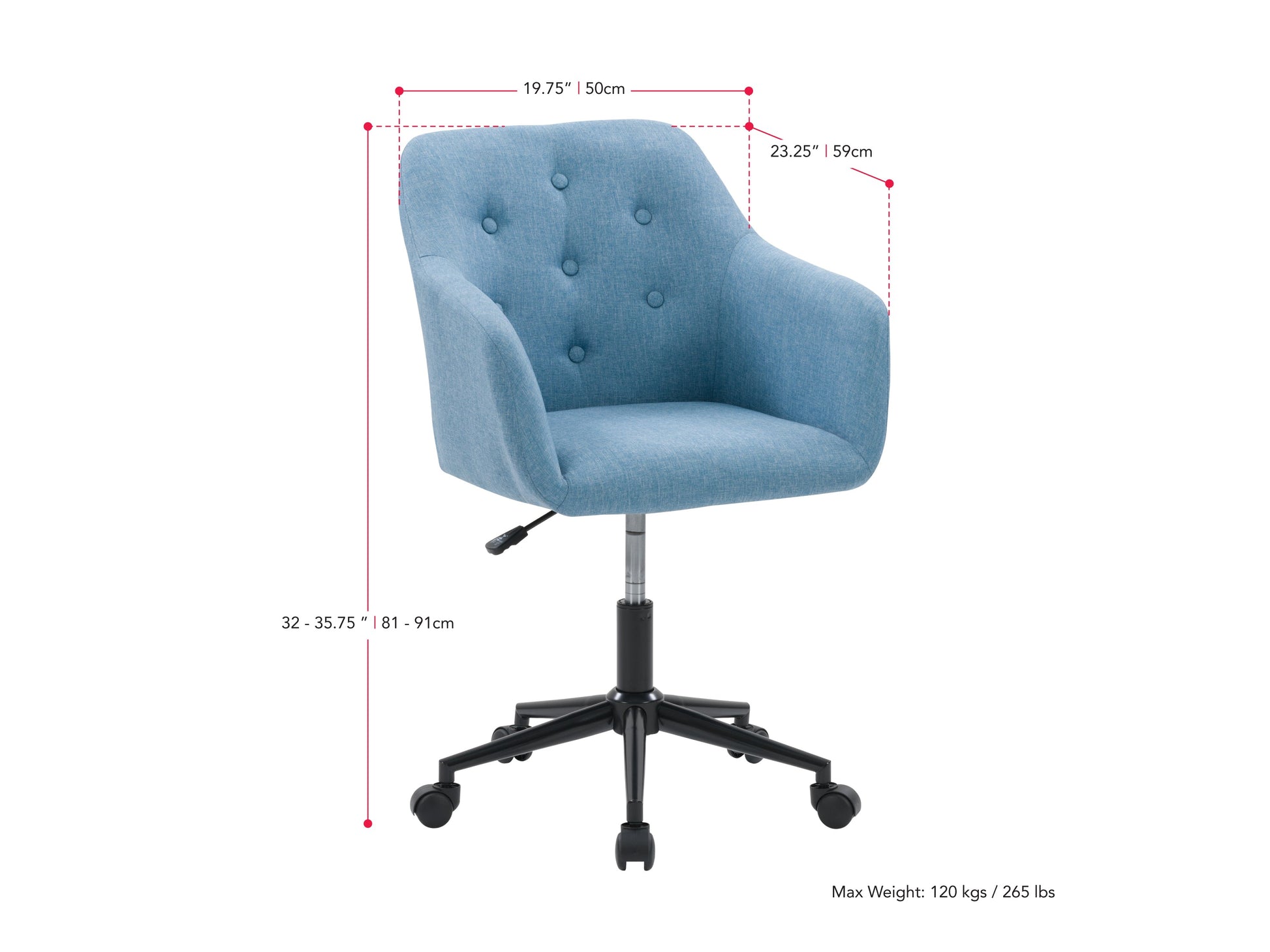 Light blue office task chair with adjustable arms, ergonomic design, breathable mesh backrest, and cushioned seat on a five-wheel base.