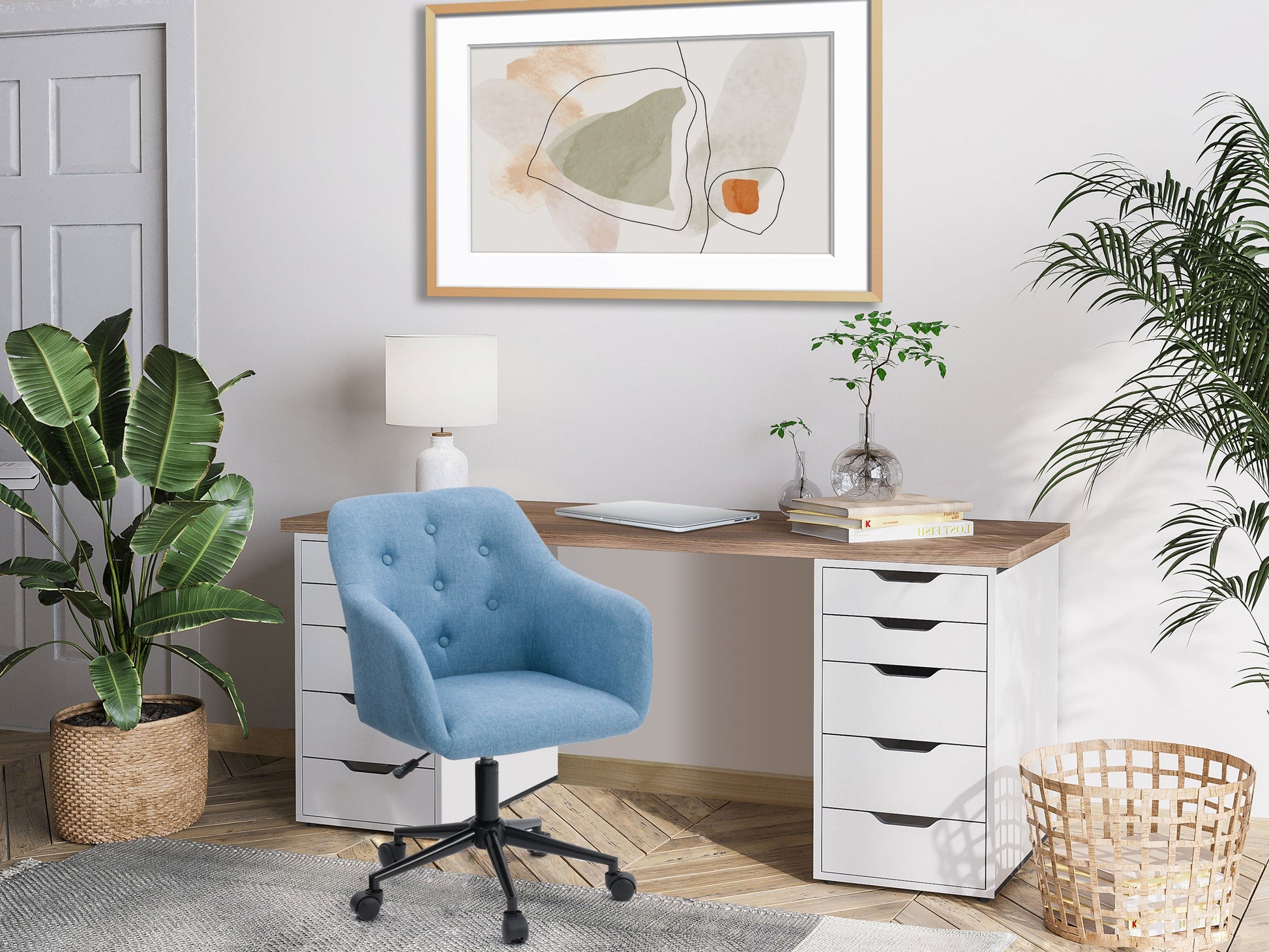 Light blue office task chair with adjustable arms, ergonomic design, breathable mesh backrest, and cushioned seat on a five-wheel base.