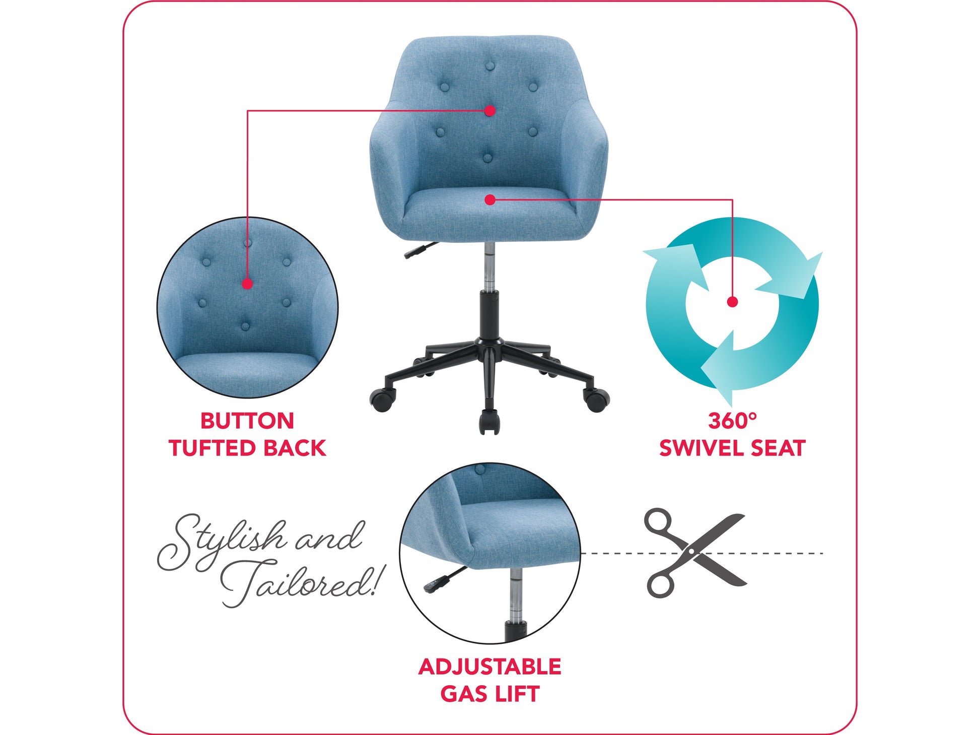 Light blue office task chair with adjustable arms, ergonomic design, breathable mesh backrest, and cushioned seat on a five-wheel base.