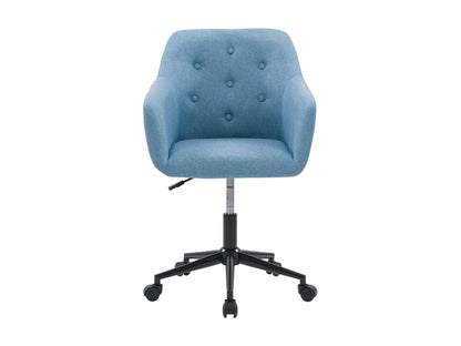 Light blue office task chair with adjustable arms, ergonomic design, breathable mesh backrest, and cushioned seat on a five-wheel base.