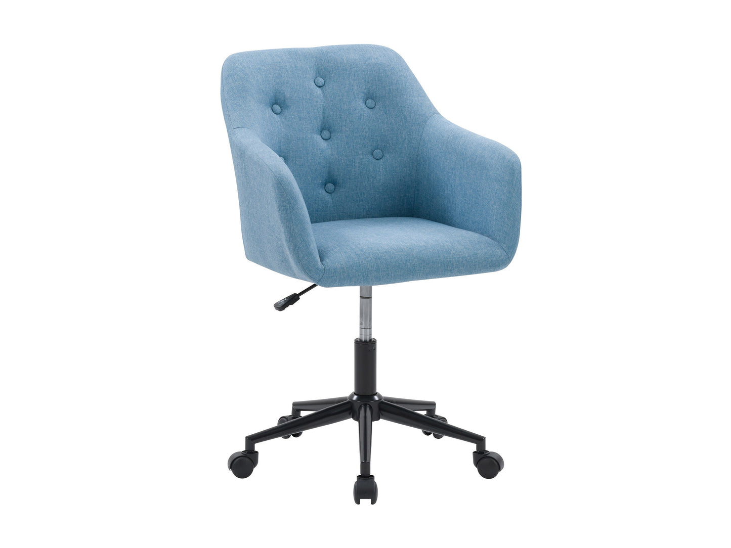 Light blue office task chair with adjustable arms, ergonomic design, breathable mesh backrest, and cushioned seat on a five-wheel base.