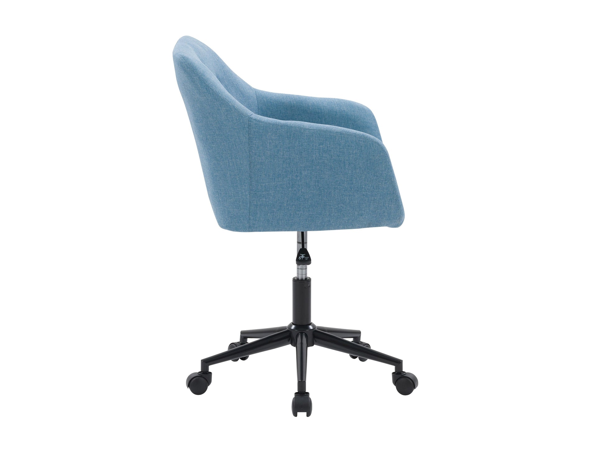 Light blue office task chair with adjustable arms, ergonomic design, breathable mesh backrest, and cushioned seat on a five-wheel base.