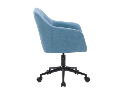 Light blue office task chair with adjustable arms, ergonomic design, breathable mesh backrest, and cushioned seat on a five-wheel base.