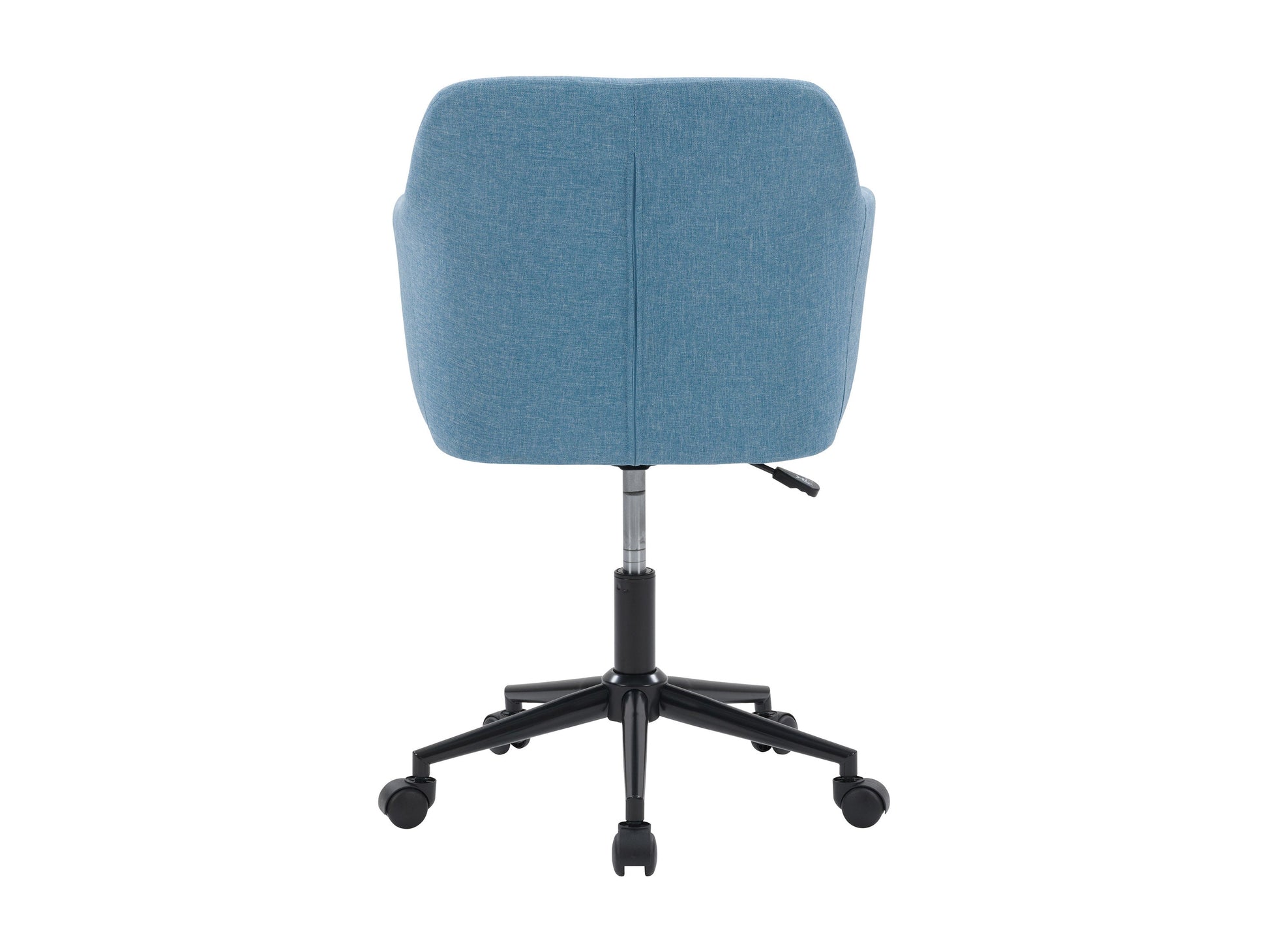 Light blue office task chair with adjustable arms, ergonomic design, breathable mesh backrest, and cushioned seat on a five-wheel base.