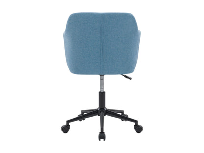 Light blue office task chair with adjustable arms, ergonomic design, breathable mesh backrest, and cushioned seat on a five-wheel base.