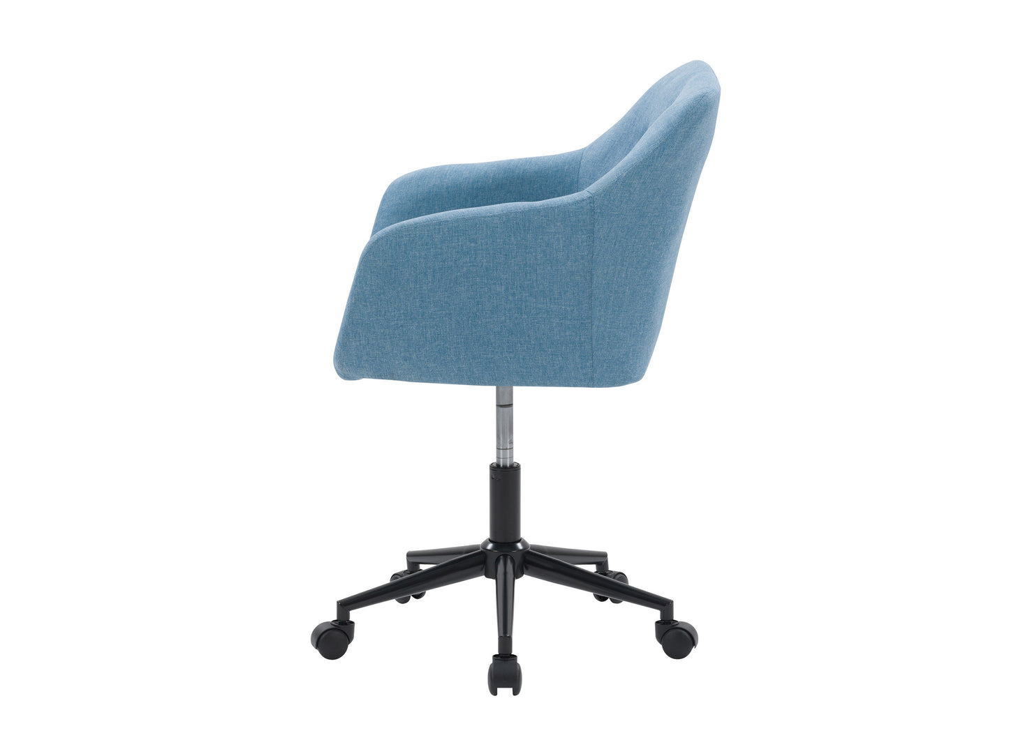 Light blue office task chair with adjustable arms, ergonomic design, breathable mesh backrest, and cushioned seat on a five-wheel base.