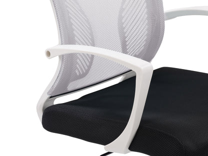 Grey mesh task chair with white frame, ergonomic design, adjustable armrests, and lumbar support. Ideal for office use, featuring breathable mesh backrest and cushioned seat for comfort and style.