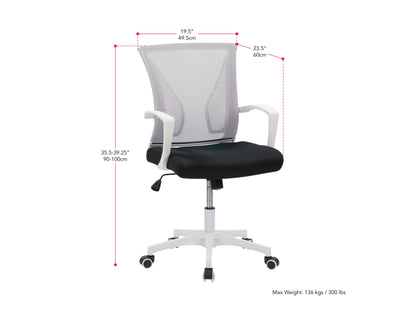 Grey mesh task chair with white frame, ergonomic design, adjustable armrests, and lumbar support. Ideal for office use, featuring breathable mesh backrest and cushioned seat for comfort and style.