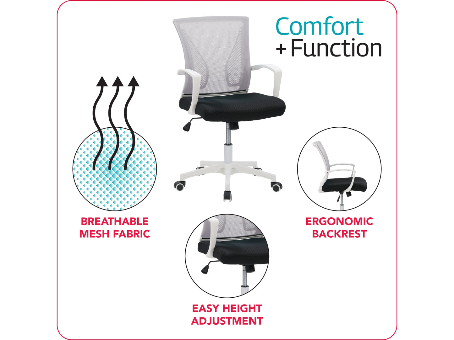 Grey mesh task chair with white frame, ergonomic design, adjustable armrests, and lumbar support. Ideal for office use, featuring breathable mesh backrest and cushioned seat for comfort and style.