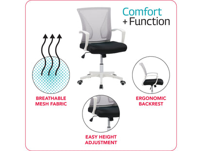 Grey mesh task chair with white frame, ergonomic design, adjustable armrests, and lumbar support. Ideal for office use, featuring breathable mesh backrest and cushioned seat for comfort and style.