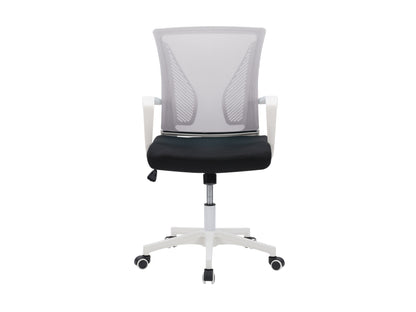 Grey mesh task chair with white frame, ergonomic design, adjustable armrests, and lumbar support. Ideal for office use, featuring breathable mesh backrest and cushioned seat for comfort and style.