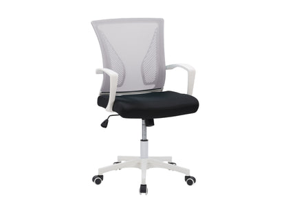 Grey mesh task chair with white frame, ergonomic design, adjustable armrests, and lumbar support. Ideal for office use, featuring breathable mesh backrest and cushioned seat for comfort and style.