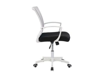 Grey mesh task chair with white frame, ergonomic design, adjustable armrests, and lumbar support. Ideal for office use, featuring breathable mesh backrest and cushioned seat for comfort and style.