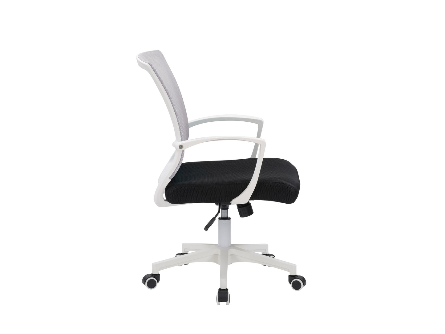 Grey mesh task chair with white frame, ergonomic design, adjustable armrests, and lumbar support. Ideal for office use, featuring breathable mesh backrest and cushioned seat for comfort and style.