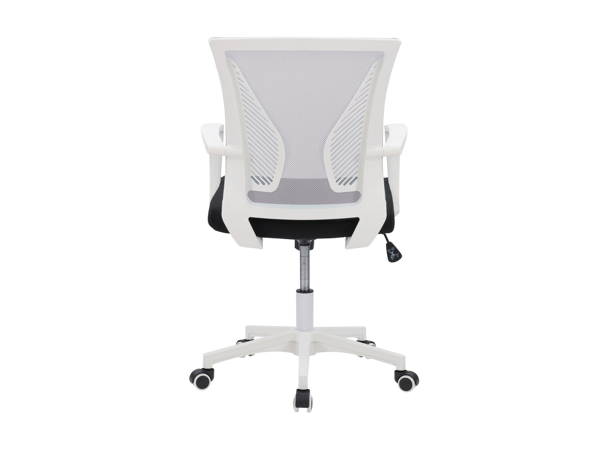 Grey mesh task chair with white frame, ergonomic design, adjustable armrests, and lumbar support. Ideal for office use, featuring breathable mesh backrest and cushioned seat for comfort and style.