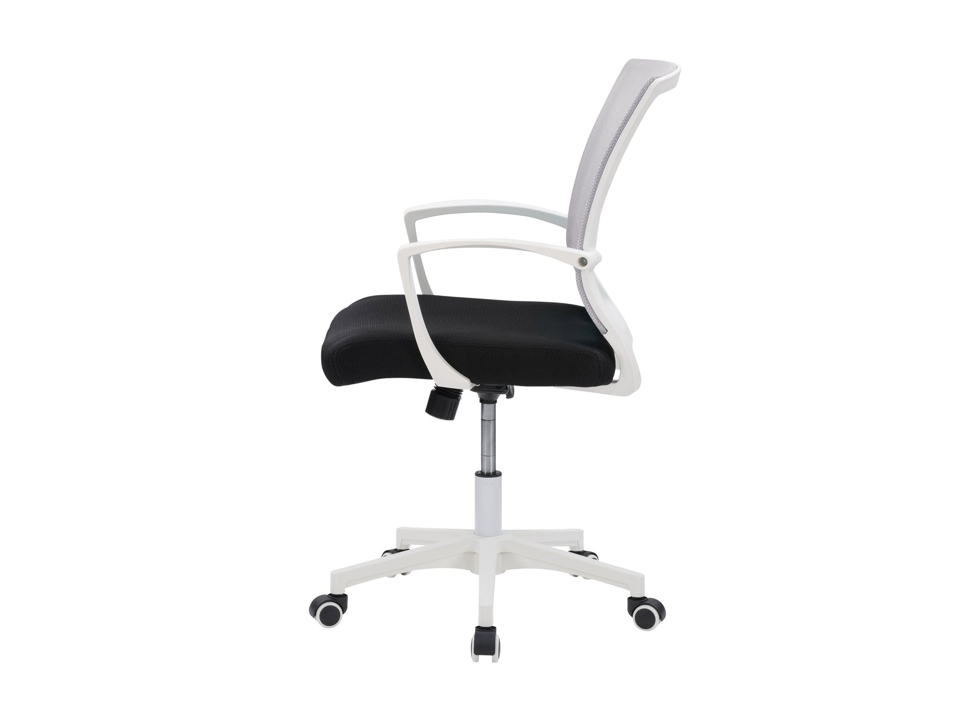 Grey mesh task chair with white frame, ergonomic design, adjustable armrests, and lumbar support. Ideal for office use, featuring breathable mesh backrest and cushioned seat for comfort and style.