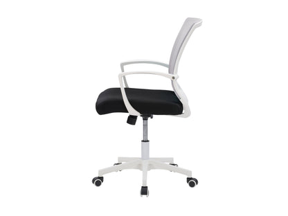 Grey mesh task chair with white frame, ergonomic design, adjustable armrests, and lumbar support. Ideal for office use, featuring breathable mesh backrest and cushioned seat for comfort and style.