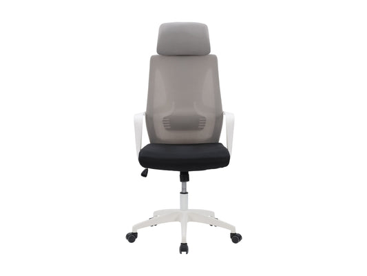 Grey and black high back office chair with ergonomic design, mesh backrest, cushioned seat, adjustable armrests, and swivel base. Perfect for home office or workspace, offering comfort and support.