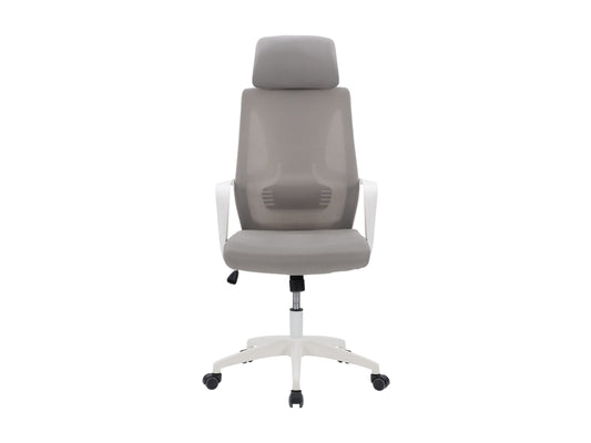 Ergonomic high back office chair with grey mesh upholstery, adjustable lumbar support, padded armrests, and chrome base with caster wheels. Ideal for home or office use, providing comfort and style.