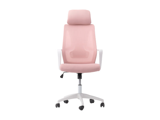 Pink high back office chair with ergonomic design, featuring a plush cushioned seat, adjustable armrests, and a breathable mesh backrest. Ideal for home offices or workspaces seeking comfort and style.