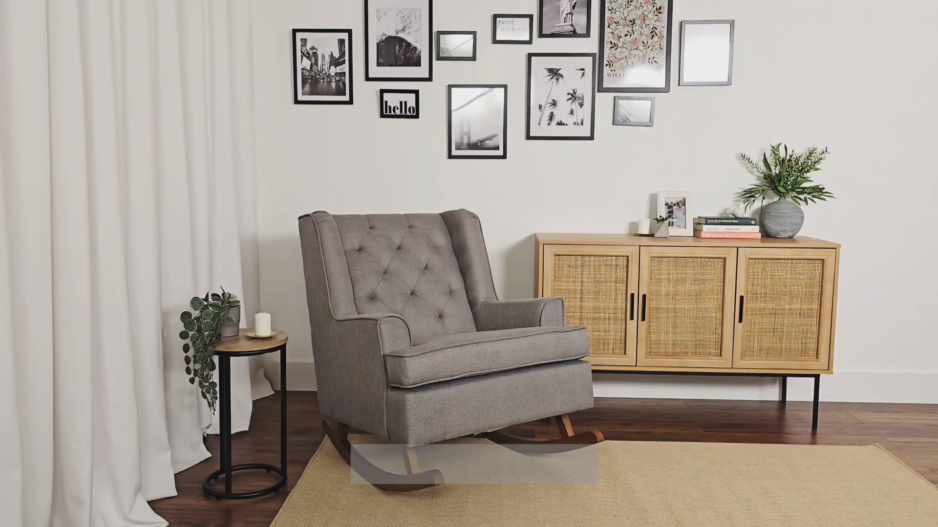 Load video: Eleanor Light Grey Timeless Rocking Chair Product Video