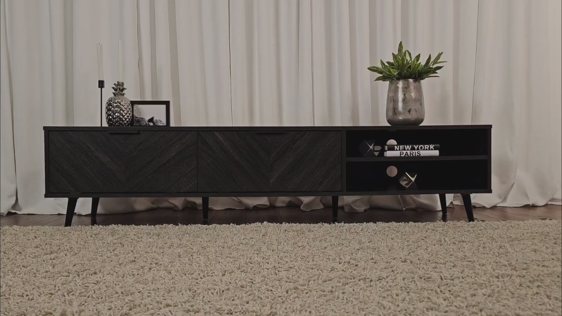 Load video: Himari Grey TV Stand, TVs up to 85&quot; Product Video