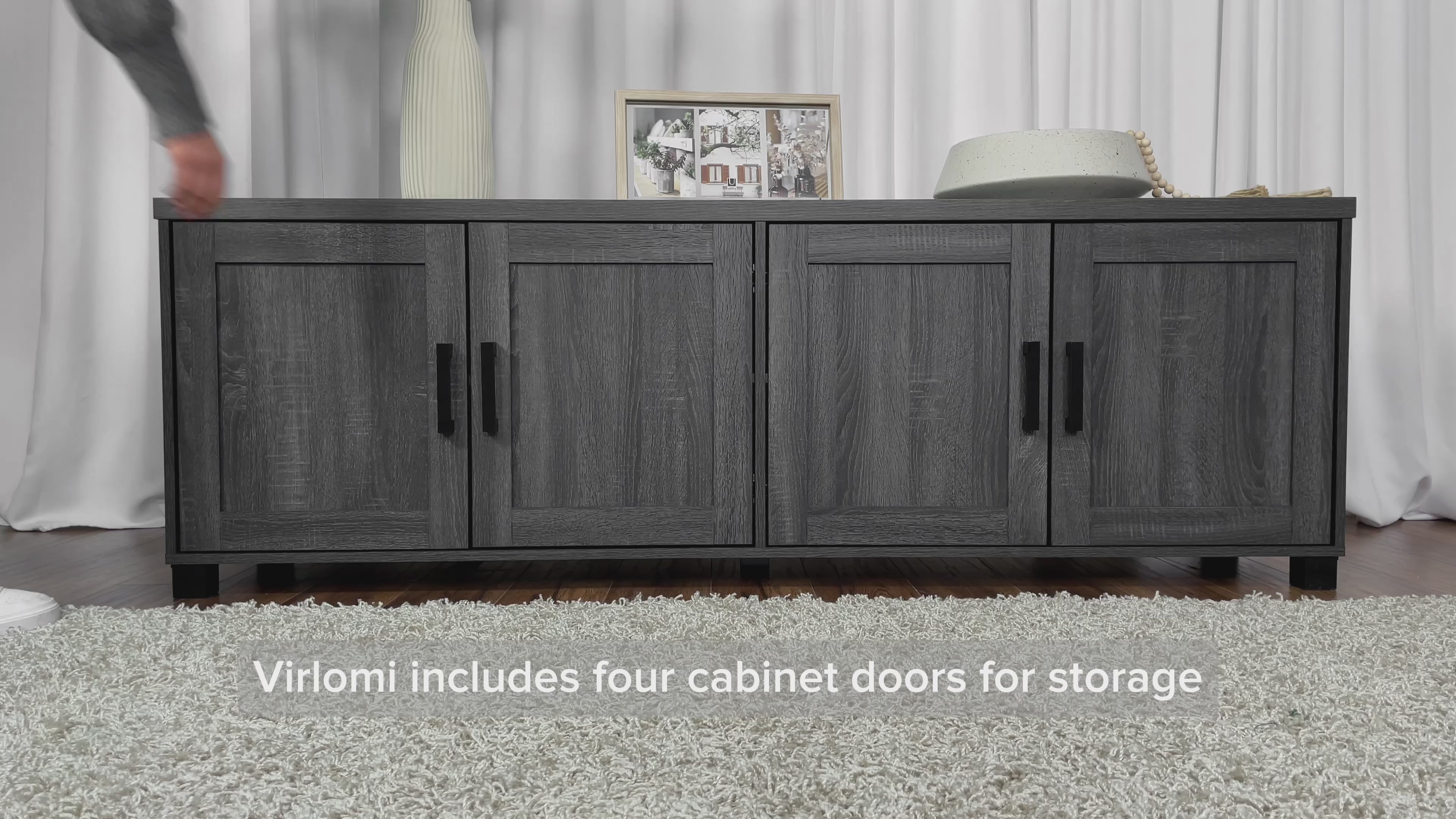 Load video: Virlomi Dark Grey TV Stand with Doors, TVs up to 85&quot; Product Video