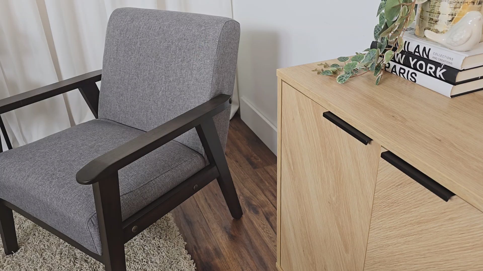 Load video: Neutra Upholstered Mid-Century Modern Accent Chair Product Video