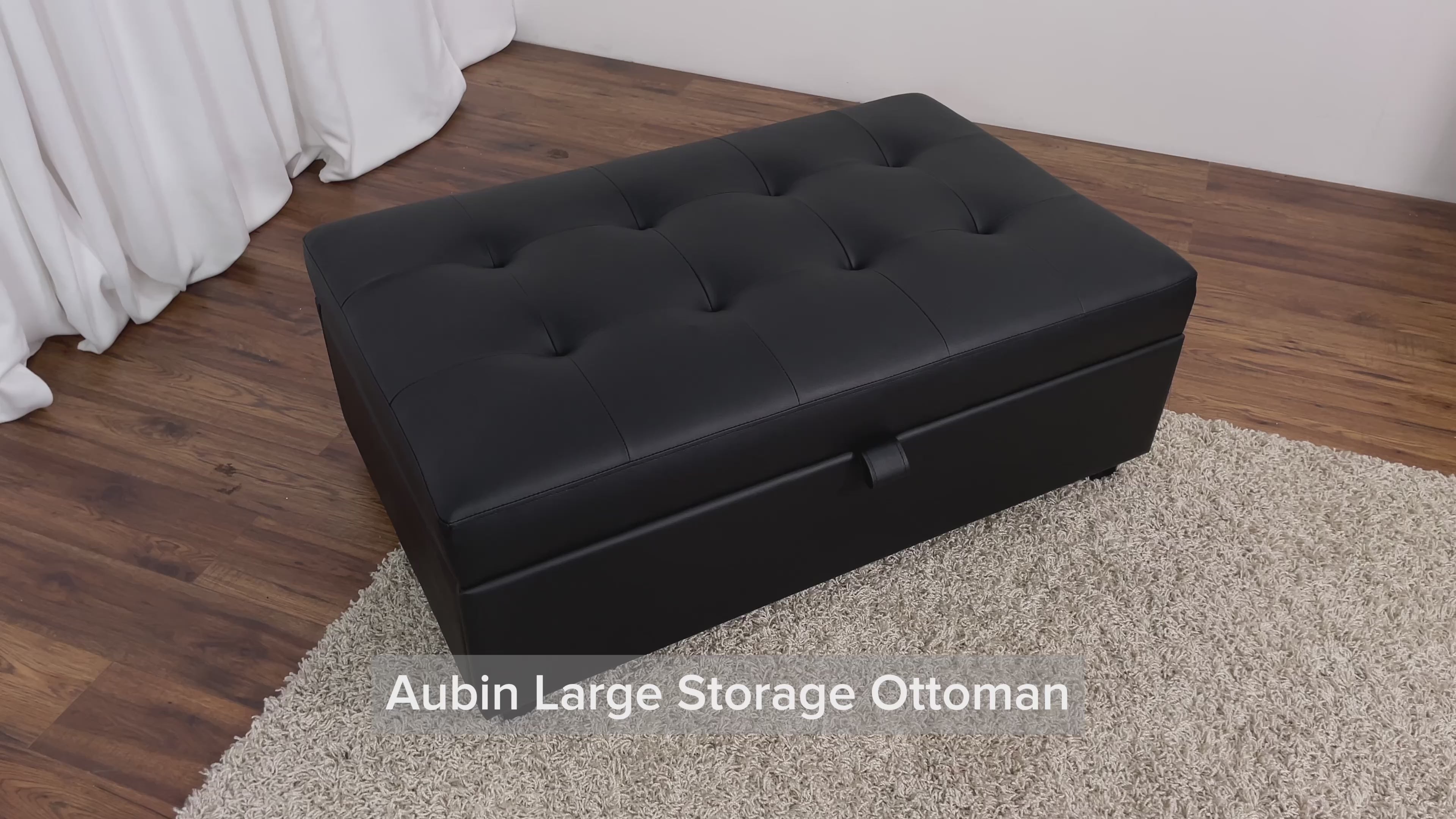 Load video: Aubin Black Vegan Leather Storage Ottoman Product Video