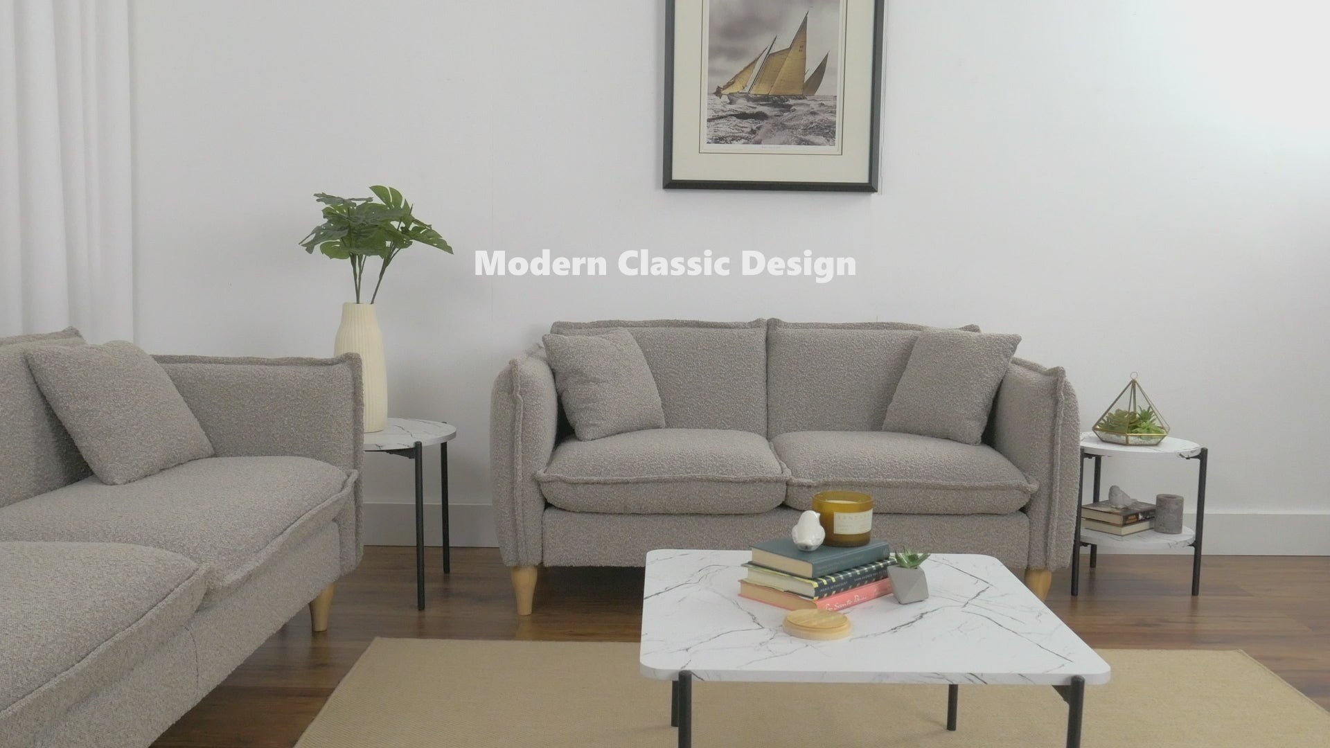 Load video: Theodore Light Grey Boucle Loveseat Product Video