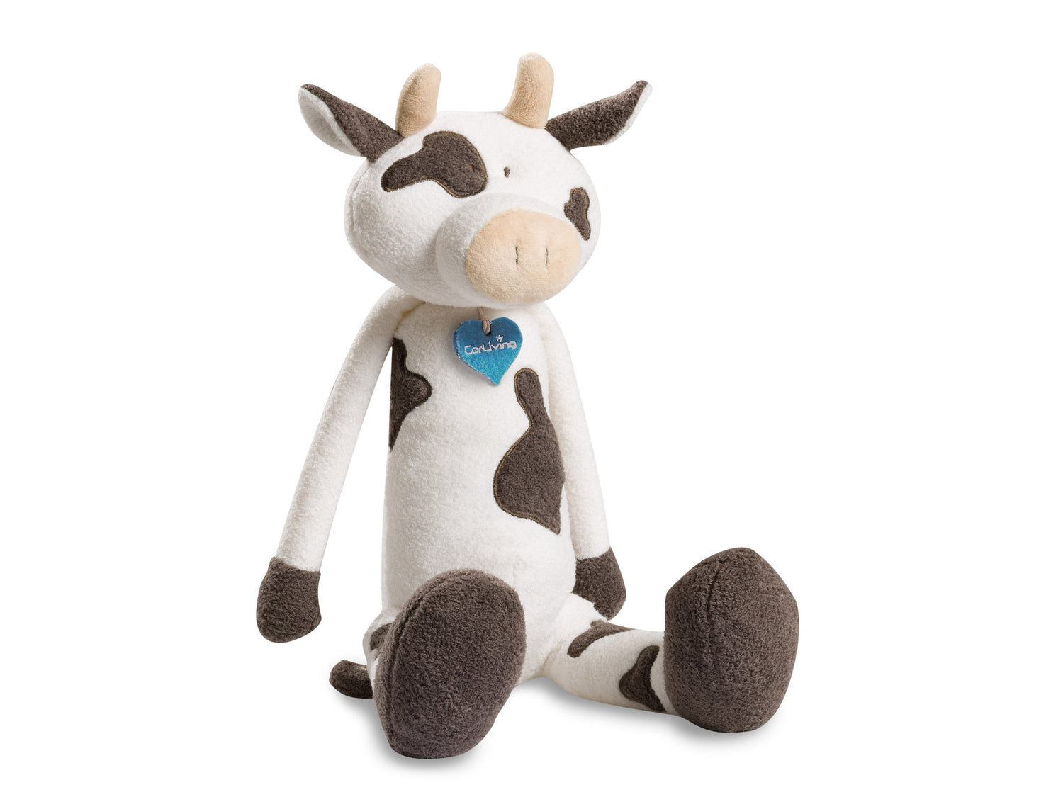 Monica the Plush Cow, soft white and black plush toy with cute embroidered eyes, pink nose, and small horns, made from eco-friendly materials. Perfect for kids, collectors, and charity supporters.